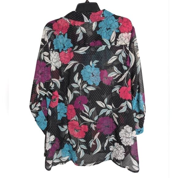 Attention Sheer Black Floral Polka Dot Pink Teal Blue Blouse Top 2X - Picture 2 of 5